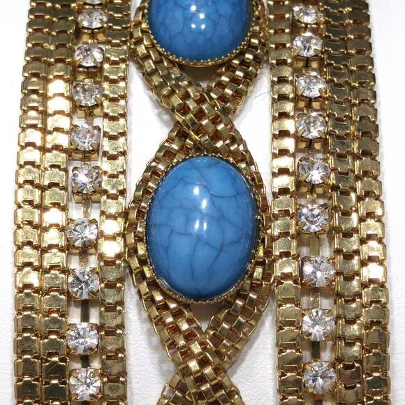 Boho Faux Turquoise Rhinestones Gold Tone Bracelet, 7 1/4 Inch, Magnetic Clasp - Picture 2 of 10